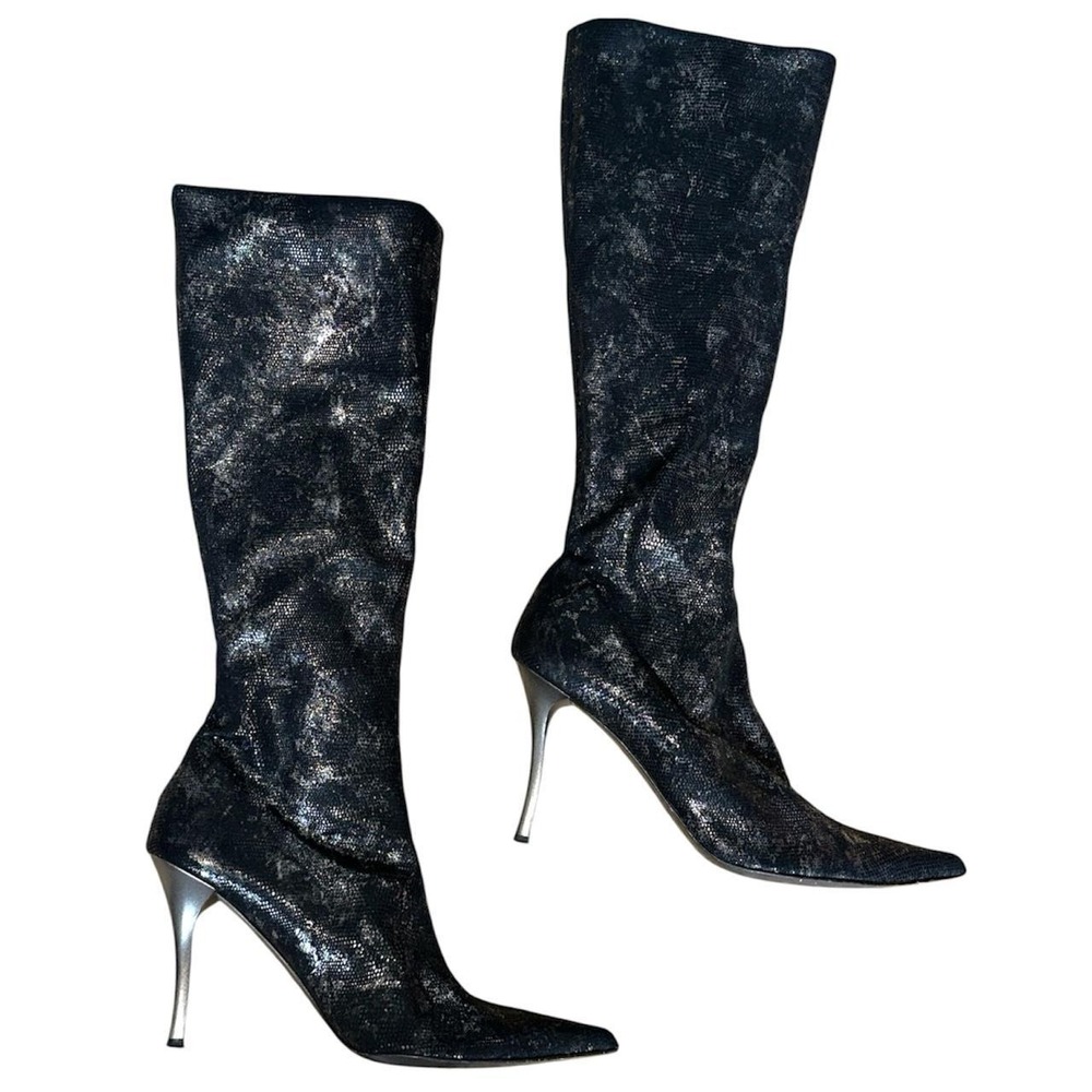 Y2K Vintage Black silver glitter faux snakeskin texture print calf-high boots